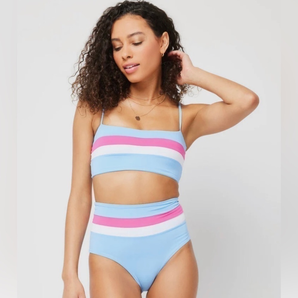 L*SPACE Rebel Stripe bikini Top-AWB Blue Pink NWT
